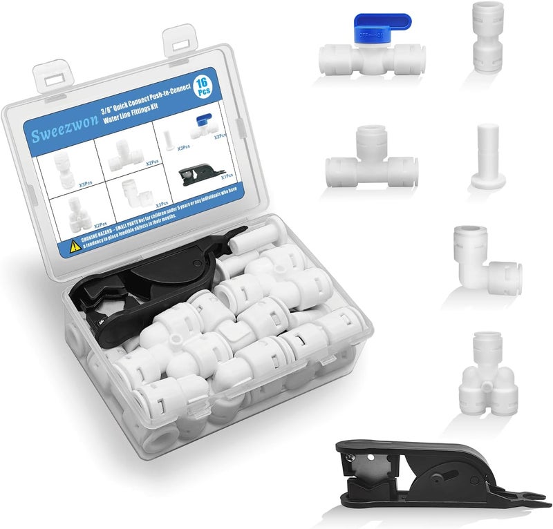 Sweezwon 3/8" Quick Connect Push-to-Connect Water Line Fittings Kit for RO/DI Water Filter, Refrigerator, Ice Maker (Ball Valve + T + L + Y + I + Professional Tubing Cutter, 16 Pcs) - Image 1